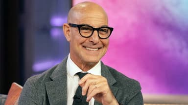 Stanley Tucci, Maria Becerra, Douglas Emhoff still